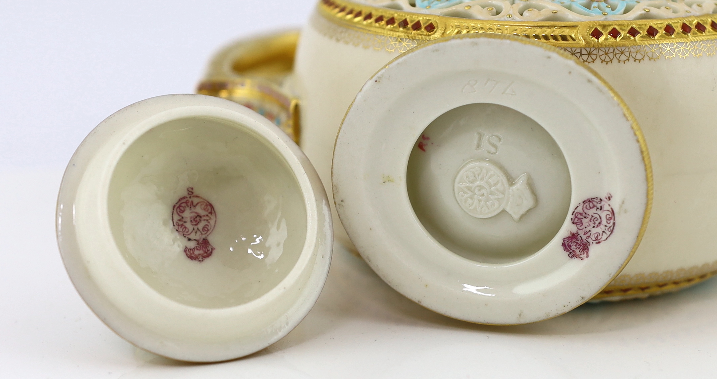 A fine and rare Royal Worcester reticulated teapot and cover, designed by George Owen, c.1881